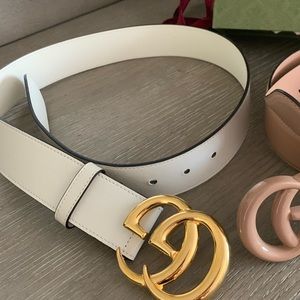 White Leather Belt with Gold Double-G Buckle